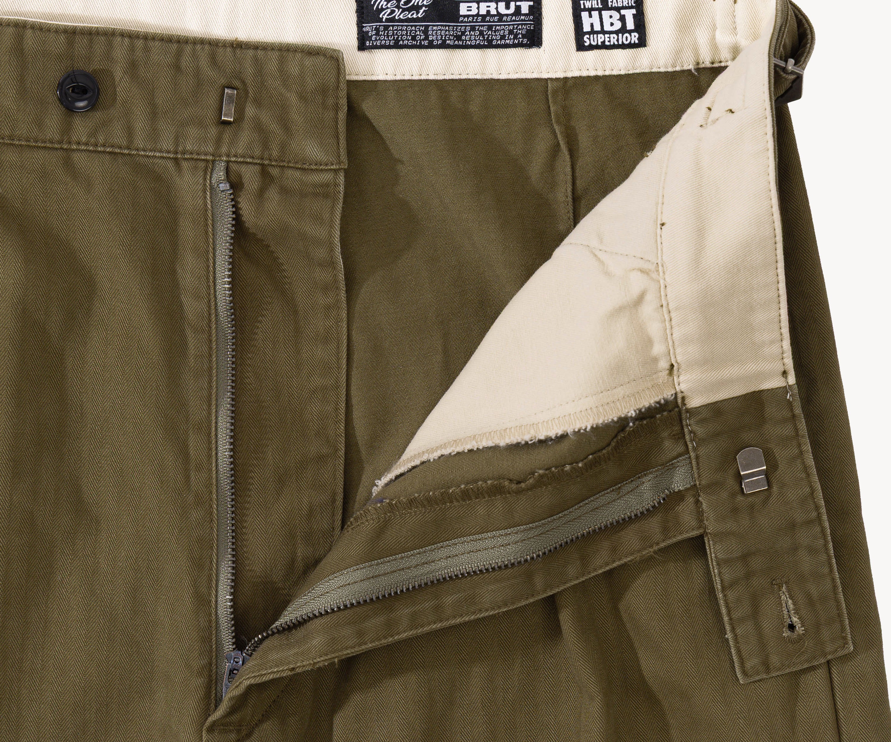 THE ONE PLEAT PANTS Pants US26 / HBT OLIVE GREEN - BRUT Clothing US