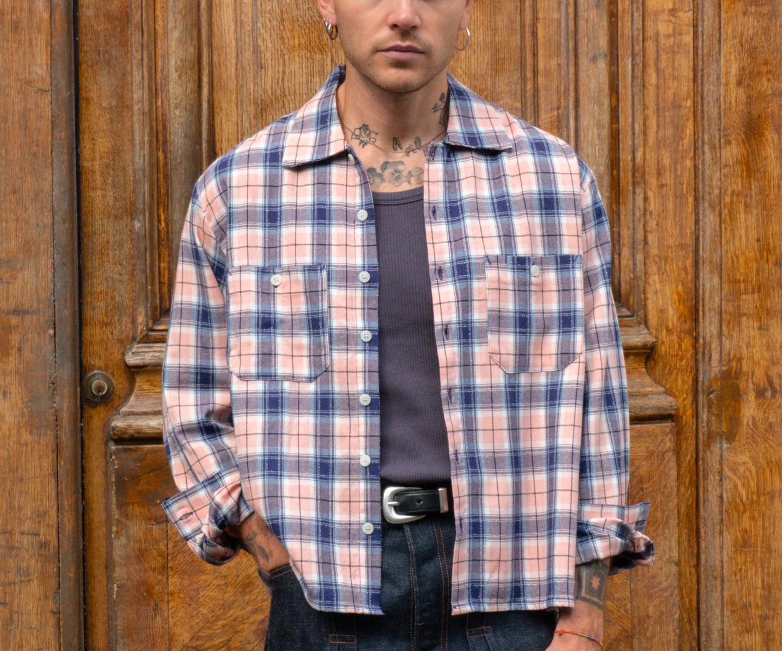 THE OVERSIZED WORK SHIRT Shirts X-SMALL / NAVY / PINK - BRUT Clothing US